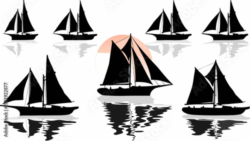 Silhouetted sailboats with reflections on the water against a sunset background creating a peaceful scene