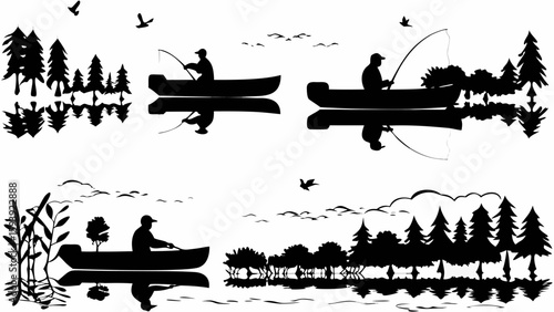 Silhouette scene featuring fishermen in boats on a lake surrounded by trees and birds in black and white