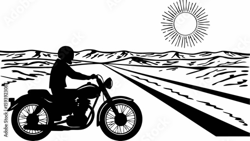 Silhouette of a motorcyclist riding on a road with mountains and sun in the background on a sunny day