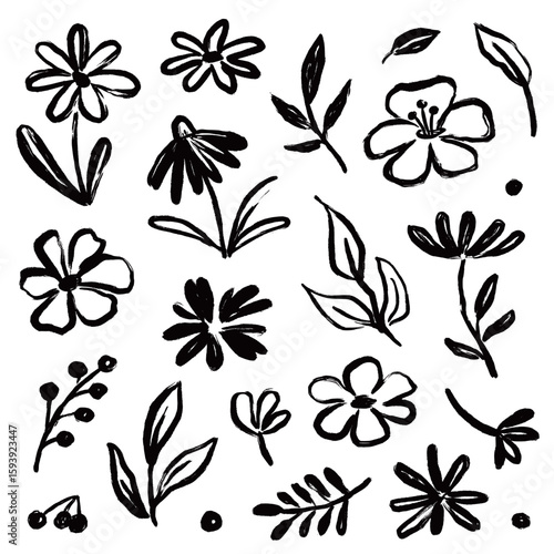 Flower brush paint stroke set. Hand drawn floral flower, leaf graffiti elements in brush paint silhouette set. Vector black ink stroke doodle floral texture sketch spring pattern. Vector illustration