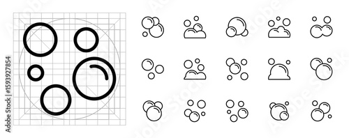 Bubble Icon Set Soap Foam Water Sphere Circle Clean Wash Laundry Design Element Simple Line Art Collection