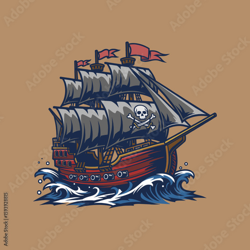 illustration of pirate ship on the sea mascot logo