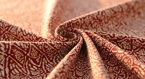 Close-Up of Indonesian Batik Fabric with Traditional Red Patterns and Folds