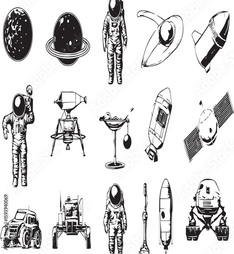 Collection of space exploration elements featuring astronauts planets and various space vehicles in monochrome