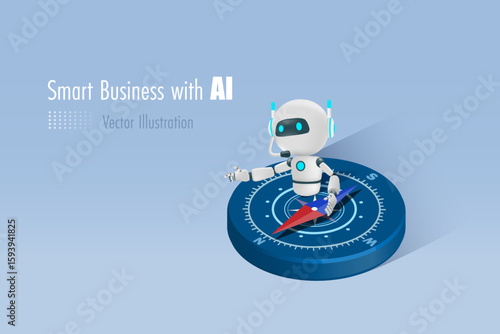 AI artificial intelligence robot pointing direction on compass. AI technology as smart assistant to develop business vision, direction and strategy. 3D Vector.