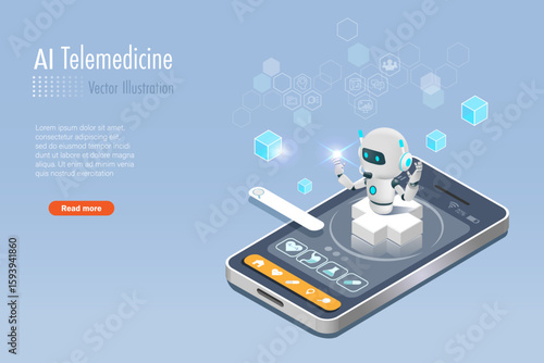 AI robot on medical app service on smartphone.
Artificial intelligence technology in medical and healthcare, AI telemedicine, online consultation, manipulating patient data system. 3D vector.