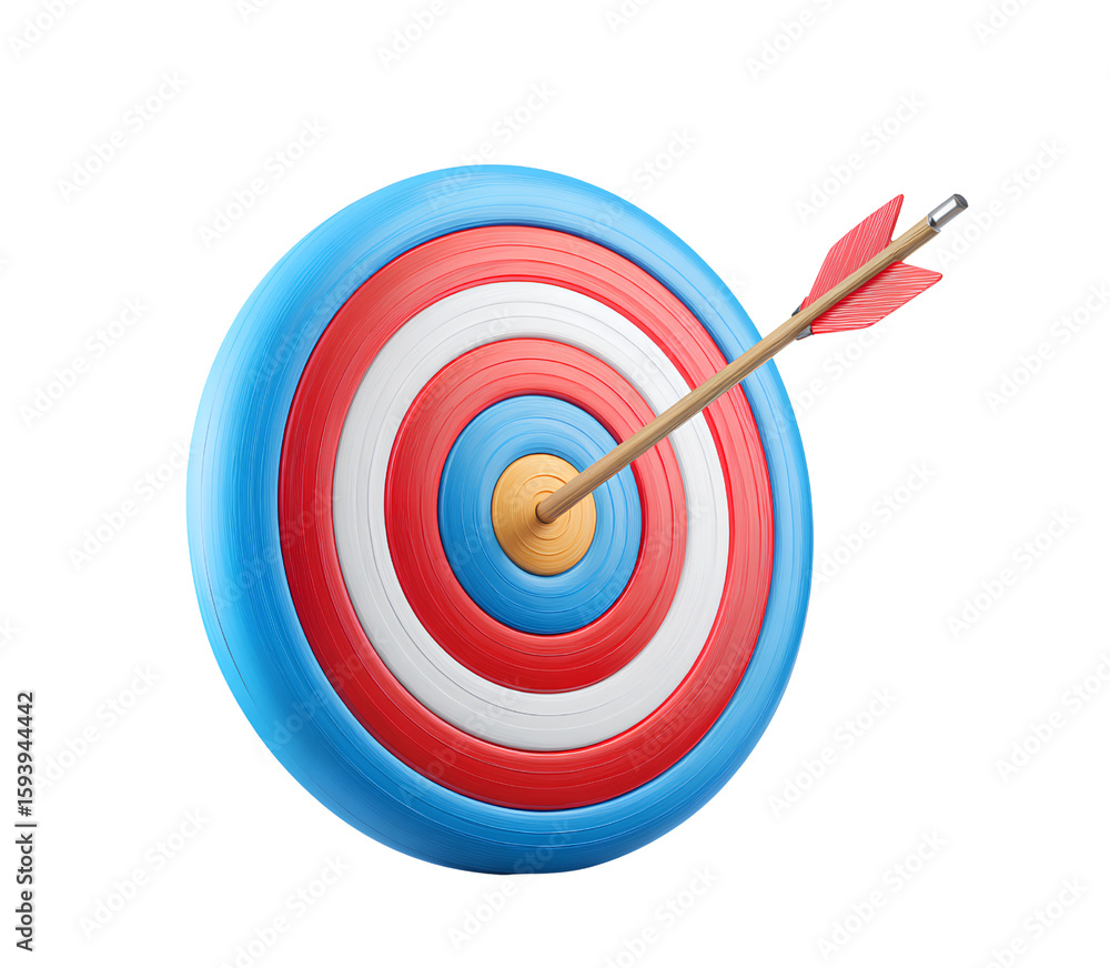 3D cartoon archery target with an arrow in the center, on a white background, high resolution, no text or shadow, transparent 3D cartoon archery target with an arrow in the center, on a white background, high resolution, no text or shadow, transparent