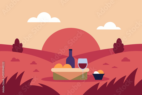 Romantic Picnic at Sunset in Grassy Field