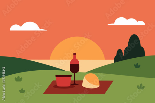 Sunset Picnic Scene in Green Open Field