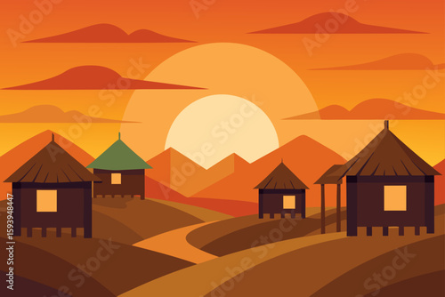 Rural Village Sunset with Wooden Huts and Orange Sky