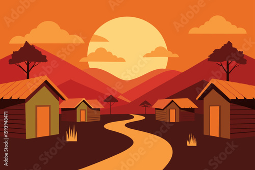 Village Sunset with Rustic Huts and Warm Glow