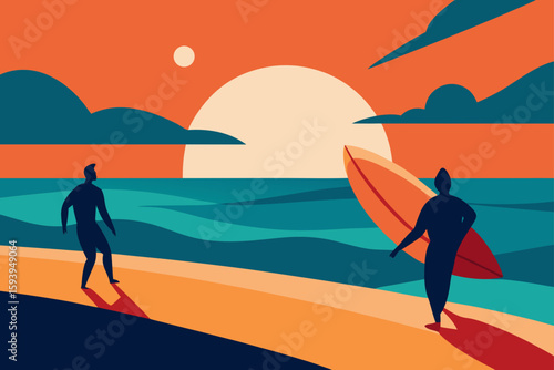 Beach Sunset Walk with Surfers and Ocean Waves