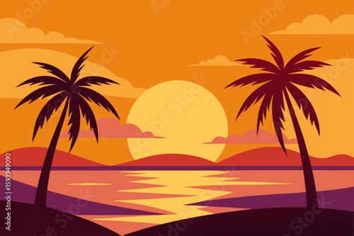 Golden Sand Beach Sunset with Tropical Palms