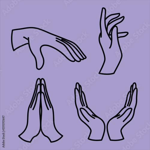 Line Art Gestures A Vector Collection of Hand Poses for Creative Projects and Graphic Design, Isolated on a Purple Background