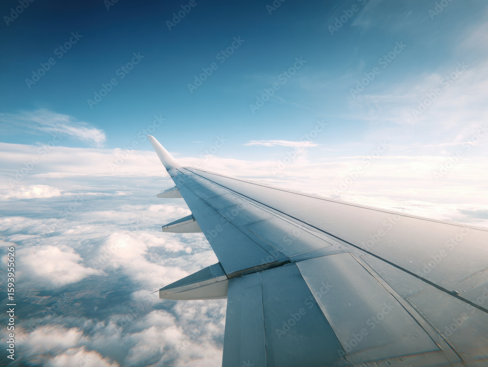 Obraz premium Aerial view of airplane wing above fluffy clouds and blue sky, evoking sense of freedom and adventure