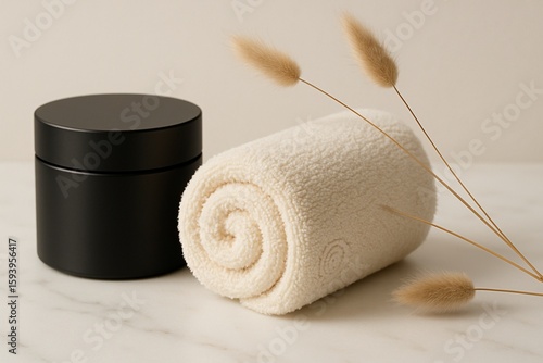 Luxurious Spa and Skincare Essentials: Black Cream Jar, Rolled Towel, and Pampas Grass for Relaxation and Wellness.