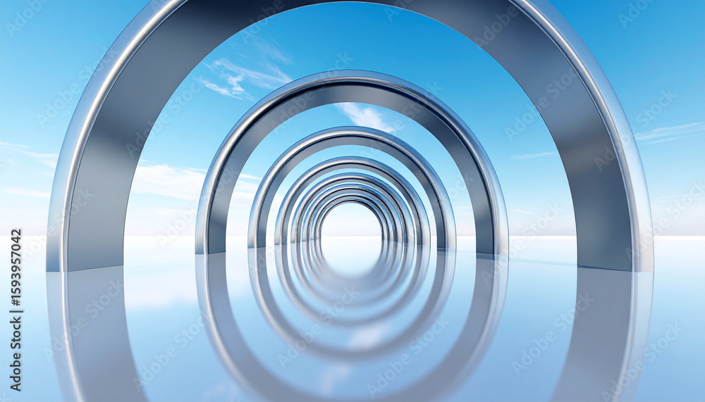 Fototapeta premium Architectural Serenity: A symmetrical perspective showcases a sequence of gleaming metal arches against a backdrop of a pristine, cloud-speckled sky.