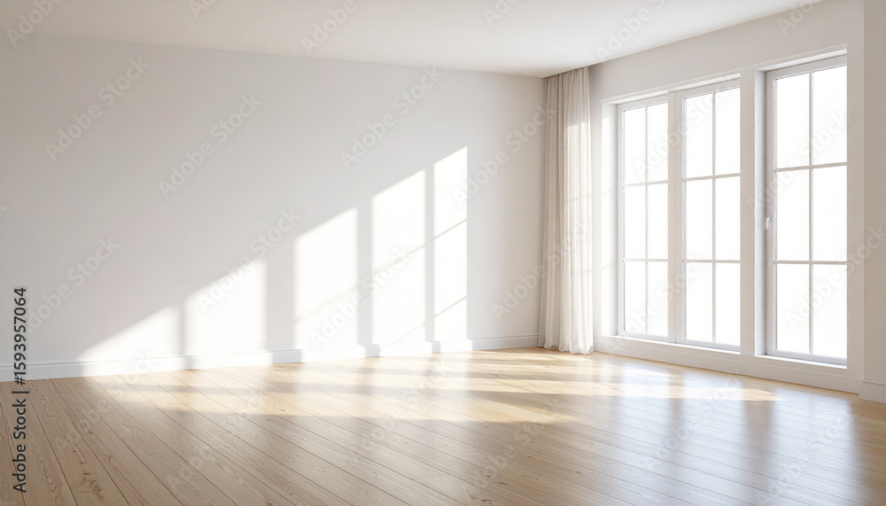 Fototapeta premium Light and Shadow in Empty Room: An inviting minimalist interior with wooden floor, sunlight, large windows. The natural light and shadow create a tranquil ambiance in the otherwise empty space.