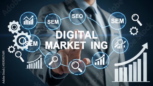 Digital Marketing Strategy Concept Presented By Person In A Gray Suit Against A Dark Blue Background With Infographic And Charts