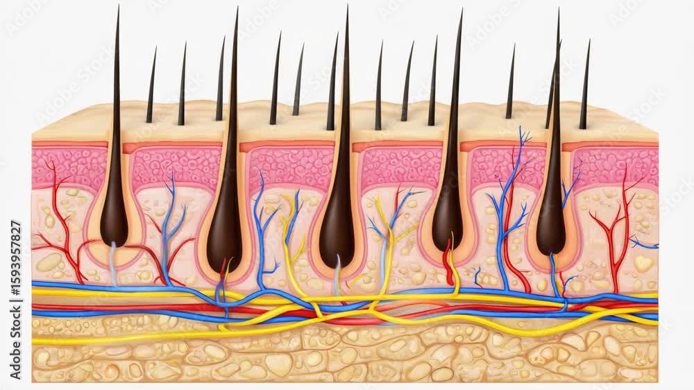 Detailed 3D Animation of Human Skin Layers Showing Hair Follicles and ...