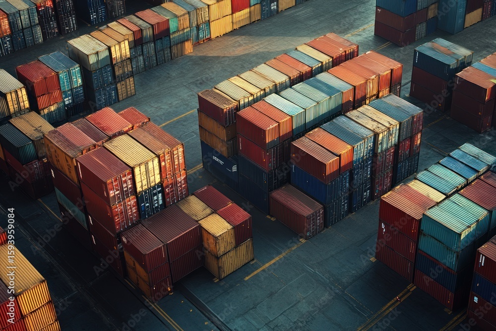 Fototapeta premium Dramatic freight yard with countriesâ€™ containers locked in battle, symbolizing tariffs