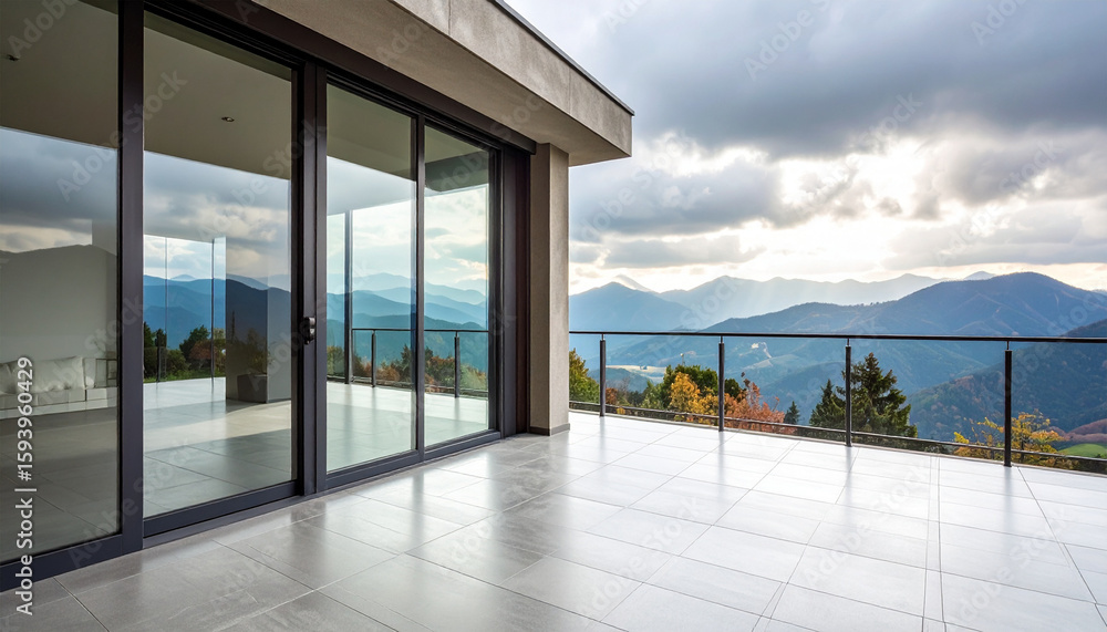 Fototapeta premium Contemporary Home with Scenic Views: A modern home terrace with expansive glass doors opens to breathtaking vistas of majestic mountain ranges, evoking a sense of luxury and serenity. The spacious.