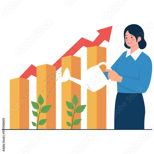 Revenue Growth Illustration. Vector illustration of A woman waters bar graphs that represent business growth, symbolizing investment and development. Isolated on background
