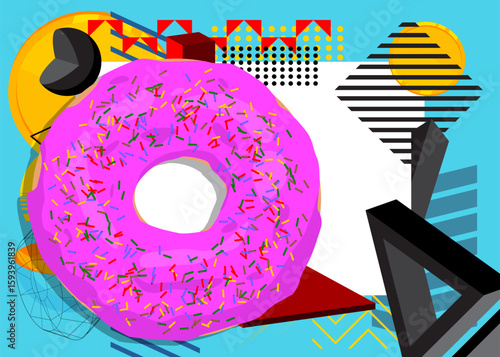 Doughnut geometrical graphic retro theme background. Minimal geometric elements. Vintage abstract shapes vector illustration.