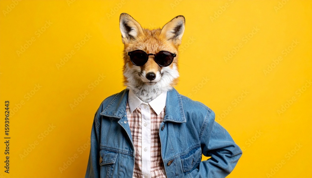 Fototapeta premium Cool looking fox wearing funky fashion dress - jacket, shirt, dark shades sunglasses. Wide banner with copy space on side. Stylish animal posing. 