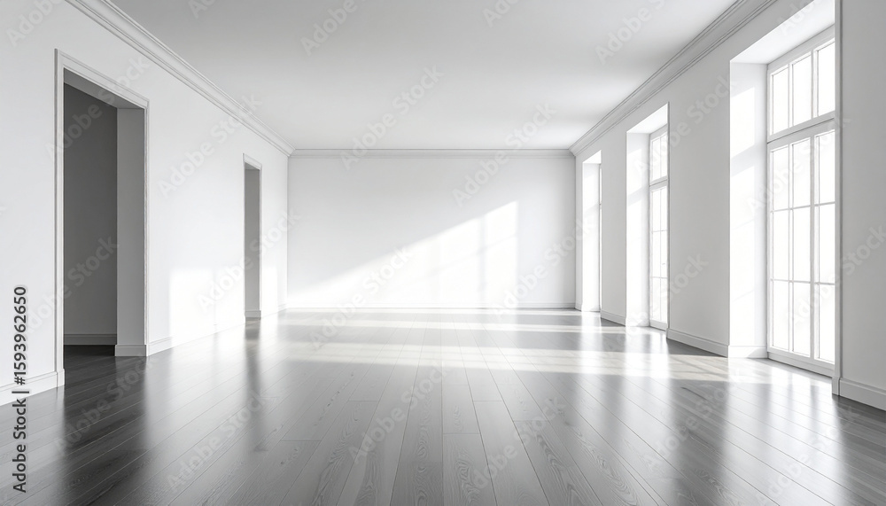 Contemporary Interior: A spacious, empty room, bathed in natural light streaming through tall windows, showcasing modern design with clean lines and minimalist aesthetic. Contemporary Interior: A spacious, empty room, bathed in natural light streaming through tall windows, showcasing modern design with clean lines and minimalist aesthetic.