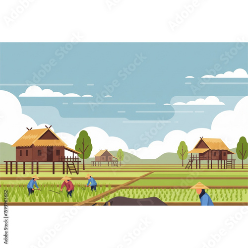 design of rural life scene with farmers working in rice fields, buffalo plowing, traditional houses on stilts, and blue sky with clouds, soft earth-tone colors, ideal for agrarian and environmental to