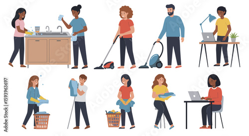 Illustration depicting various people engaged in cleaning and working activities at home setting