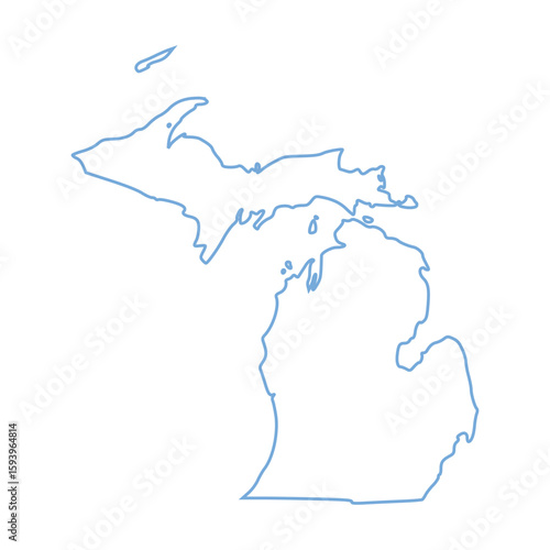 A blue outline of the state of Michigan on white background	