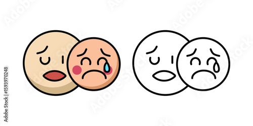 An illustration depicting two round faces; one (lighter skin tone) with a worried or sad expression and open mouth, seemingly offering comfort to another (peach skin tone) that is visibly crying with 