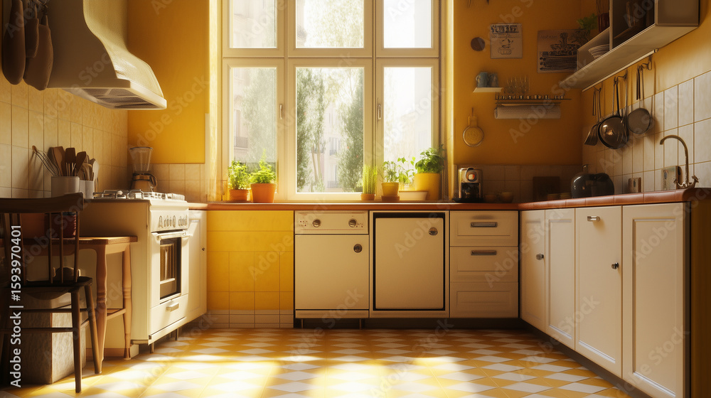Fototapeta premium Sunlight streams into a vintage kitchen with yellow walls and checkered floors