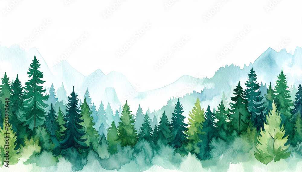 Fototapeta premium Watercolor Forest Illustration: A serene watercolor illustration showcases a vibrant forest scene, capturing the essence of nature's tranquility and the beauty of the wilderness.