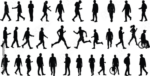 Silhouettes of walking, running, standing people, diverse group, wheelchair user, man, woman, crowd concept, vector isolated illustration