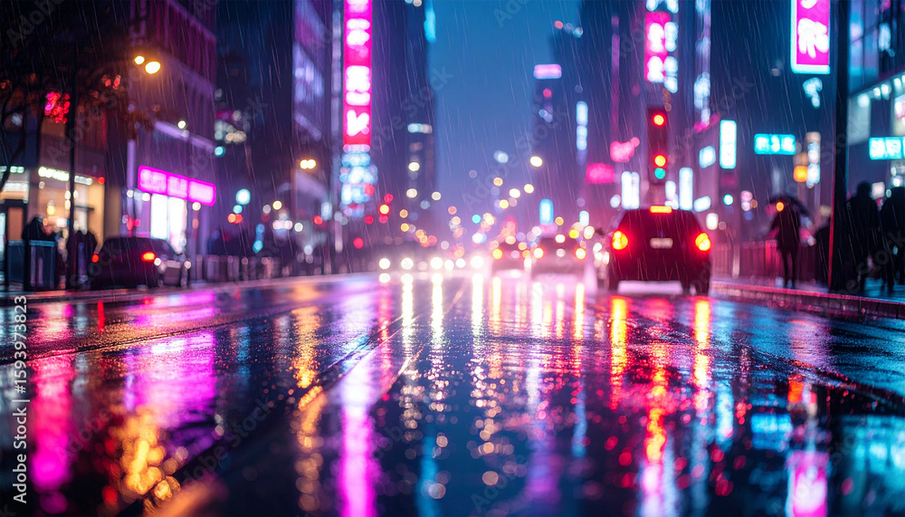 Fototapeta premium City Lights Reflection: A mesmerizing urban landscape unfolds on a rainy night, with vibrant neon lights casting captivating reflections on the wet asphalt, showcasing the dynamic essence of the city.