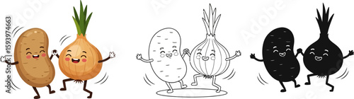 Potato and onion cartoon vector illustration, happy vegetables dancing, food art design