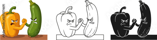 Vegetables arm wrestling match cartoon illustration vector design food fight competition fun