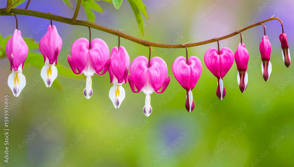 Fototapeta premium Bleeding Heart Blossoms: A close-up capture of delicate, heart-shaped flowers suspended gracefully from a slender branch, their vibrant pink petals contrasting against a soft, verdant backdrop.