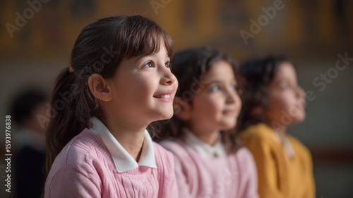 Young girl with brown hair smiling happily in classroom with other children blurred in background