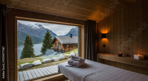 Wallpaper Mural Cozy spa room with a tranquil view of a lake, mountains, and cabin offers a calming and serene experience for relaxation and wellness. Torontodigital.ca