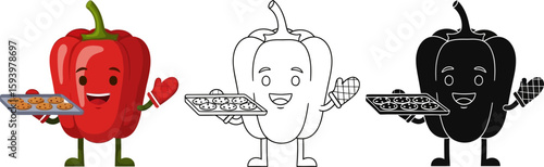 Cartoon pepper character holding cookies baking sheet vector illustration set design