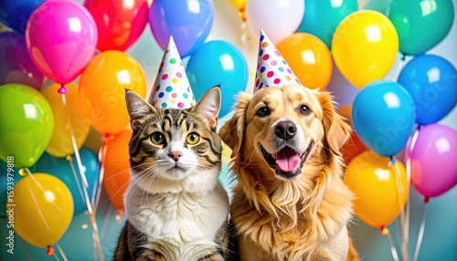 Dogs and cats celebrate together at a festive party with colorful balloons in the background