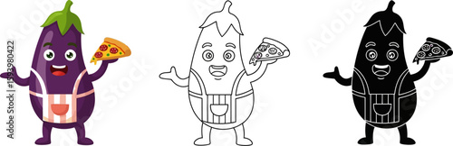 Cartoon eggplant with pizza slice vector illustration food and vegetable character art