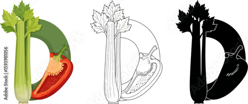 Vegetable letter d illustration with celery and pepper, food alphabet design concept art