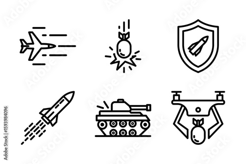 set of icons representing military actions such as missile, drone, bombing, air strike, tank, and defense system. Ideal for conflict, war, and security visuals.