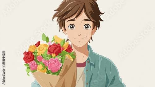 Smiling teen boy holds a bouquet of colorful flowers