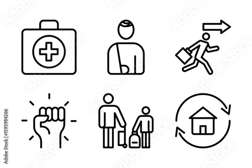 Human impact icons including evacuation, shelter, casualties, protest, humanitarian aid, and refugee. Perfect for crisis, war, and relief-related visuals.
